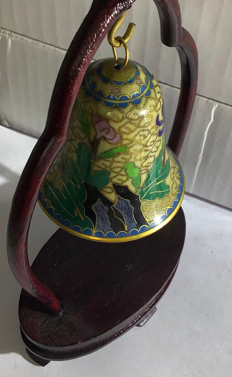 Vintage Chinese Cloisonné Enamel Bell Hanging From Rosewood Etsy