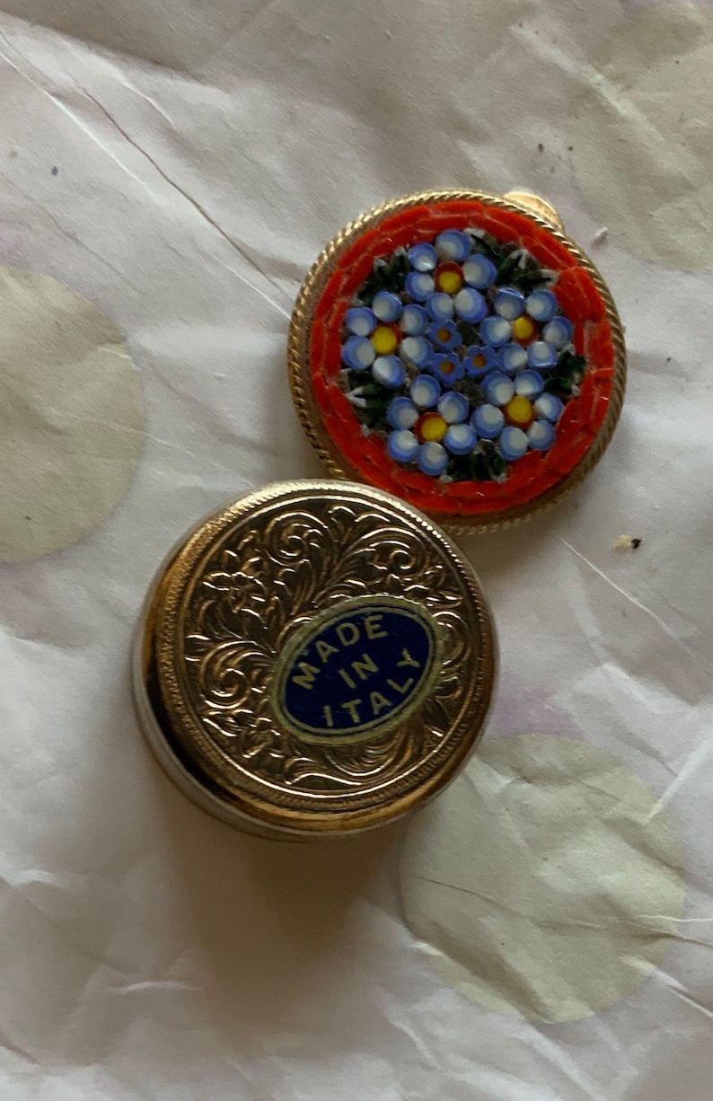 Vintage Micro Mosaic Daisy And Silver Pill Box Made In Italy 1 14\u201d diameter