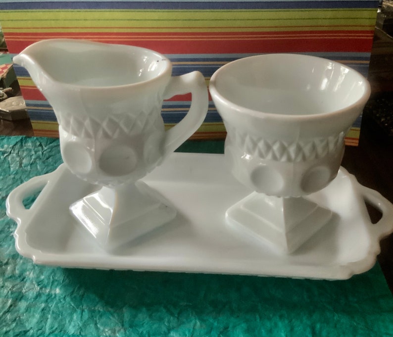 Antique Milk Glass Cream And Sugar Set With Tray 3 Piece Set Etsy