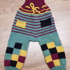 May include: Hand-knitted baby pants in teal, purple, yellow, and black. The pants feature a drawstring waist, striped pattern, and checkerboard design on the legs. Two small pockets are sewn on the front. A unique and colorful garment for a baby.