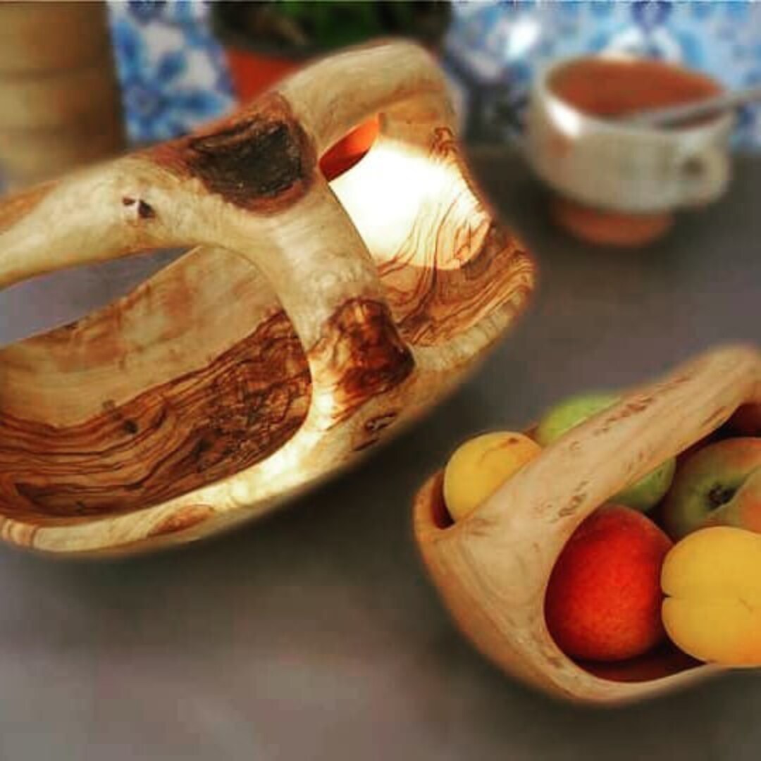 Unique Olive Wooden Fruit Basket With Handle HAND CARVED Size Etsy UK