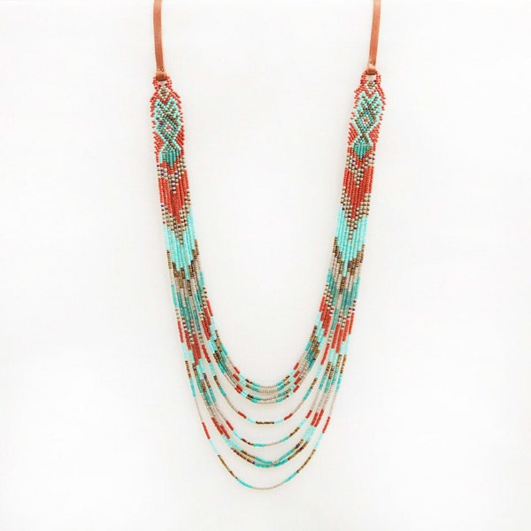 Turquoise Multi-Strand Long Beaded Leather Necklace
