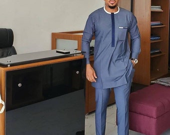 African men's clothing,African men's outfit,African attire,African men's suit,African Dashiki for men,African Men caftan,Blue Africa Senator