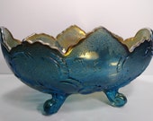 Jeanette Lombardi Footed Rare Blue Colored Carnival Glass Fruit Bowl Centerpiece