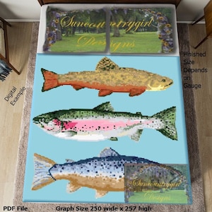 May include: A digital pattern for cross-stitch featuring three different types of fish on a light blue background. The pattern is titled "Suncountrygirl Designs" and has a graph size of 250 wide x 257 high. The finished size depends on the gauge used.