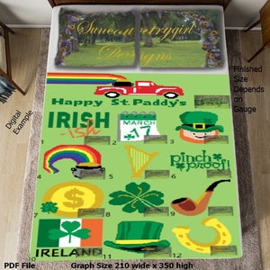 May include: A digital pattern for a crochet project featuring a green background with a red truck, a rainbow, a harp, a pot of gold, a shamrock, a dollar sign, a pipe, a leprechaun, a hat, a horseshoe, and the text "Happy St. Paddy's Irish" and "March 17".