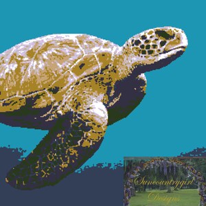K&ouml;nnte beinhalten: Eine braune und gr&uuml;ne Meeresschildkr&ouml;te schwimmt in blauem Wasser. Der Kopf der Schildkr&ouml;te ist nach rechts gedreht und ihre Flossen sind ausgestreckt. Die Schildkr&ouml;te schwimmt in Richtung des unteren Bildrandes. Das Bild ist eine digitale Illustration.
