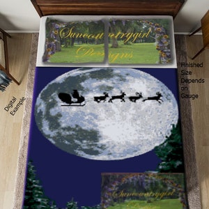 May include: A digital cross stitch pattern featuring Santa Claus flying in a sleigh pulled by reindeer in front of a full moon. The pattern is 250 stitches wide by 332 stitches high. The pattern is designed by Sun Country Girl Designs.