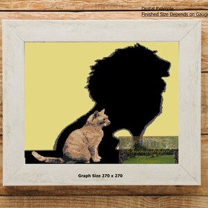 May include: A cross-stitch pattern featuring a black silhouette of a lion with a smaller orange cat sitting beside it. The pattern is on a yellow background and has a graph size of 270 x 270. The text "Suncountrygirl Designs" is in the bottom right corner.