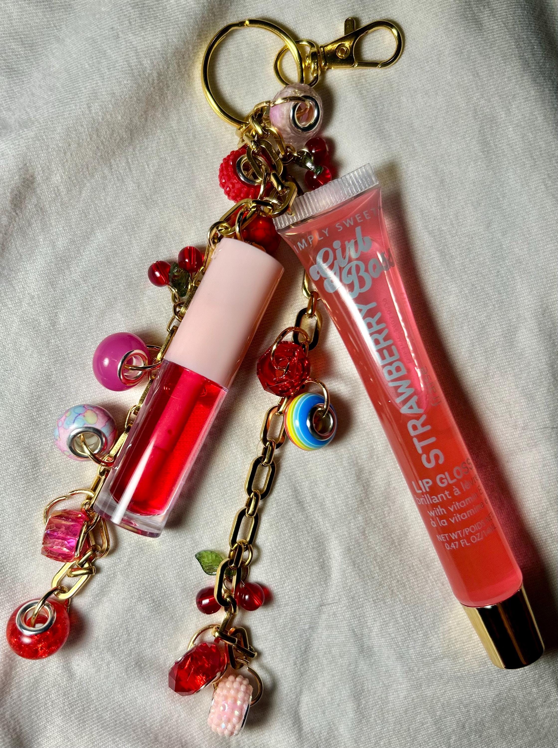 Strawberry Lipgloss & Oil Keychain - Gold