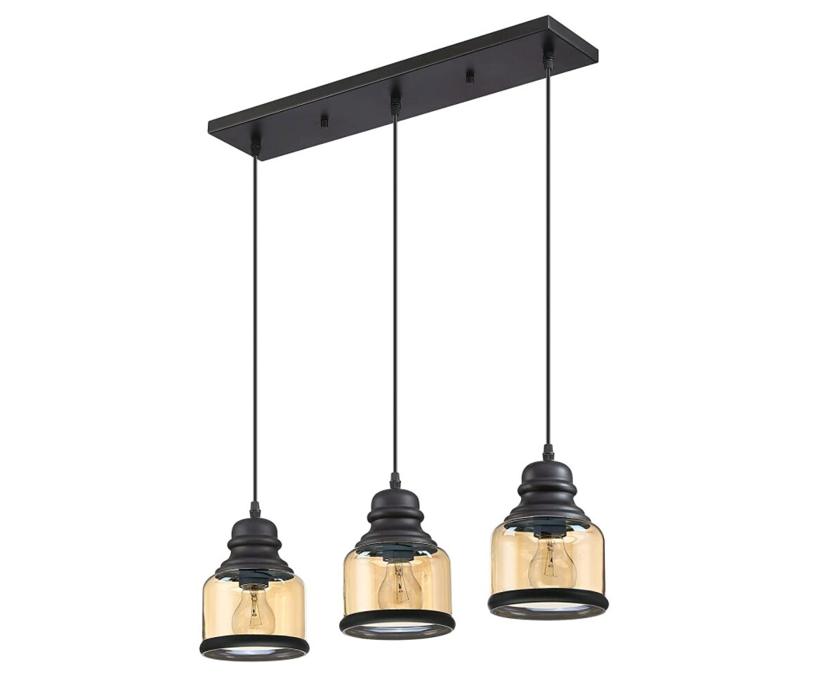 Ladiqi 7 Lights Industrial Pendant Lighting Linear Hanging Ceiling Lights Rustic Kitchen Island Light Fixtures Antique Brass for Dining Table Bar Counter Restaurant