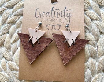 Wood Earring, Triangle Earrings, Acrylic Earring, Dangle Earrings, Handmade Jewelry, Lightweight Jewelry