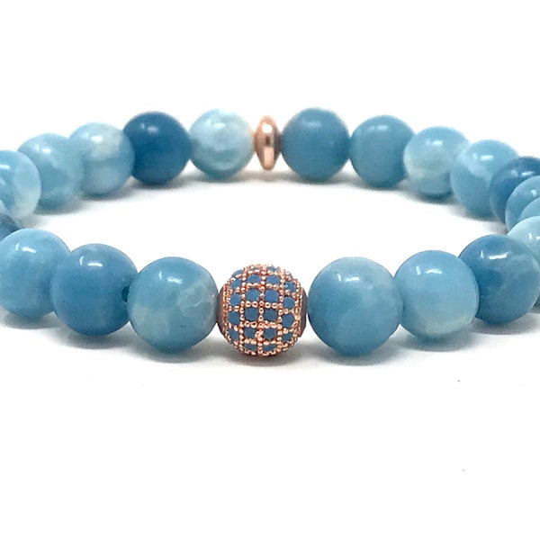 Larimar color (blue pectolite) gemstones handmade beaded bracelet for women with rose gold plated blue bead, gift for her, chakras