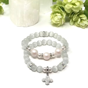 Jewelry set white cat&#39;s eye Gemstones & white Swarovski pearls healing everyday beaded Bracelet for women,Stacked bracelets, set of 2,gift