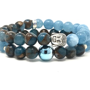 Angelite & Cloisonne Gemstone Bracelet Set with Silver Buddha