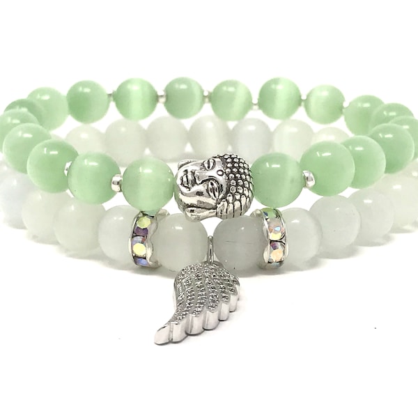 Jewelry set green & white cat's eye (chrysoberyl) gemstones beaded bracelets for women with rhodium plated angel wing, set of 2,gift for her