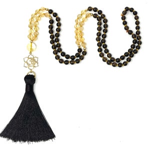 Smoky Quartz & Citrine Mala Necklace: Gold OM Charm, Silk Tassel