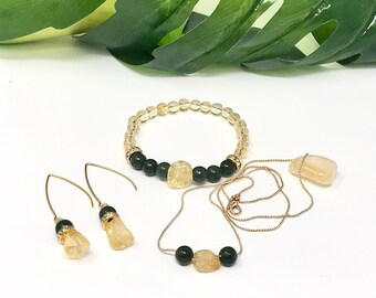 Citrine Jade Jewelry Set: Gold Plated Necklace, Beaded Bracelet & Earrings