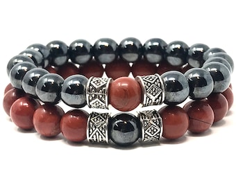 Hematite & Red Jasper Gemstone Beaded Bracelet Set
