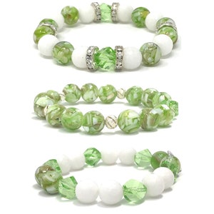 White Jade & Green Shell Beaded Bracelet Set: Silver Lotus Charm