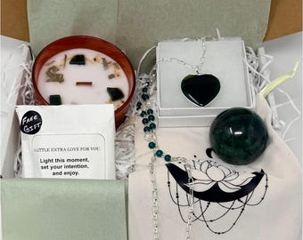 Prosperity Gift Set for Her. Heart Pendant Necklace (silver plated chain), Fluorite Sphere, Jade Candle & Velvet Pouch, Mother’s Day Gift