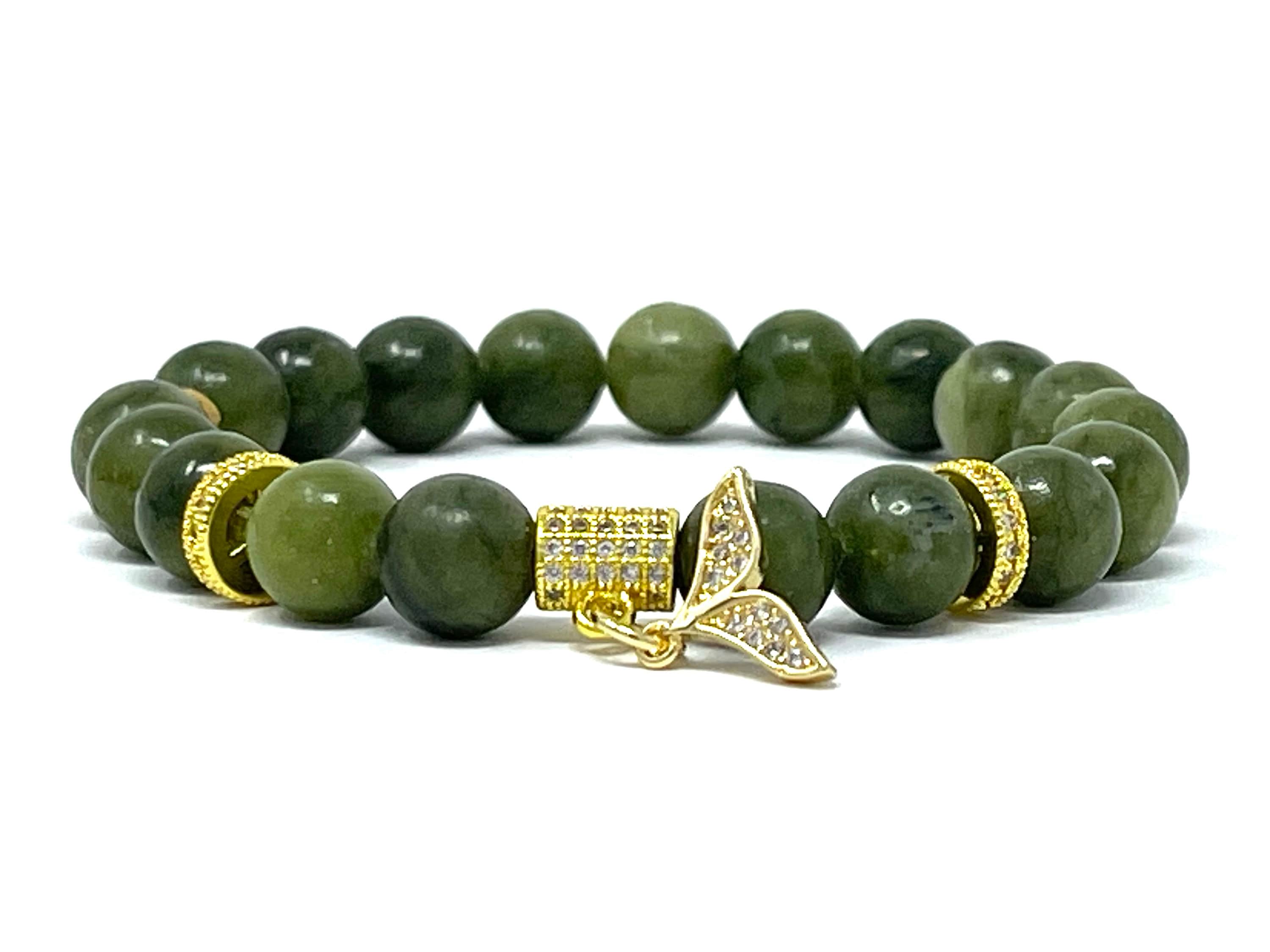アクセサリー KY9JM Green Jade Beads Bracelet (Gold) Green Jade Beaded Bracelet: Handmade Gold Whale Tail Charm - Etsy