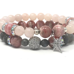 Conjunto de pulseiras de rodocrosita e labradorita: joia com pedra preciosa morganita rosa