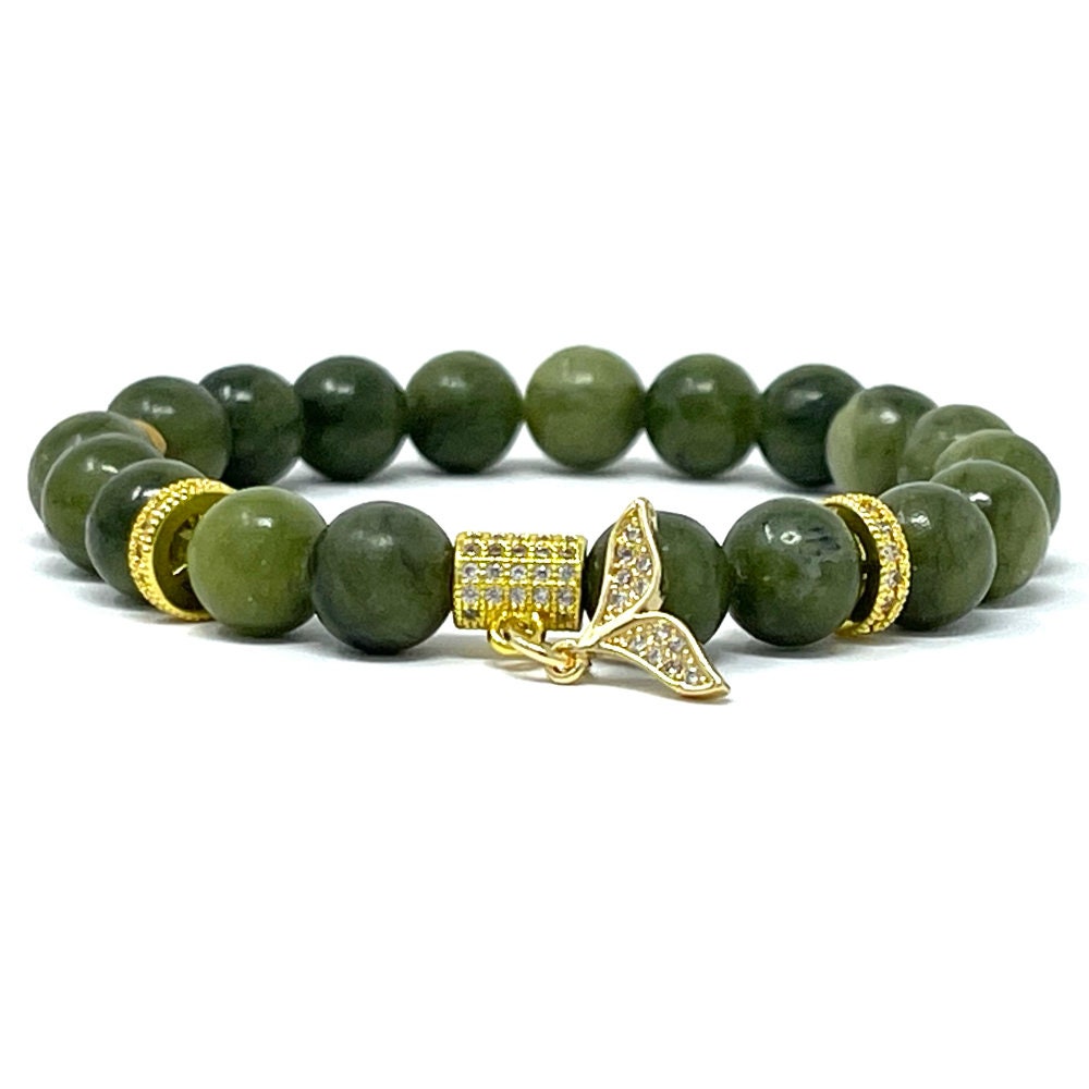 アクセサリー KY9JM Green Jade Beads Bracelet (Gold) Green Jade Beaded Bracelet: Handmade Gold Whale Tail Charm - Etsy