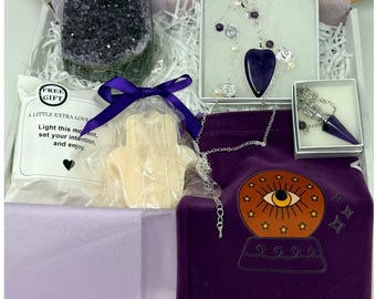 Amethist zelfzorg geschenkdoos, spirituele cadeauset voor haar, kristallen geschenkbundel, lavendelkaars, amethist slinger, intuïtiecadeau