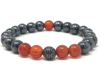 Men's Hematite & Red Agate Beaded Bracelet: Handmade Healing Jewelry