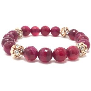 10mm faceted fuchsia agate gemstones beaded stretch bracelet for women, stacked bracelets, gift for her