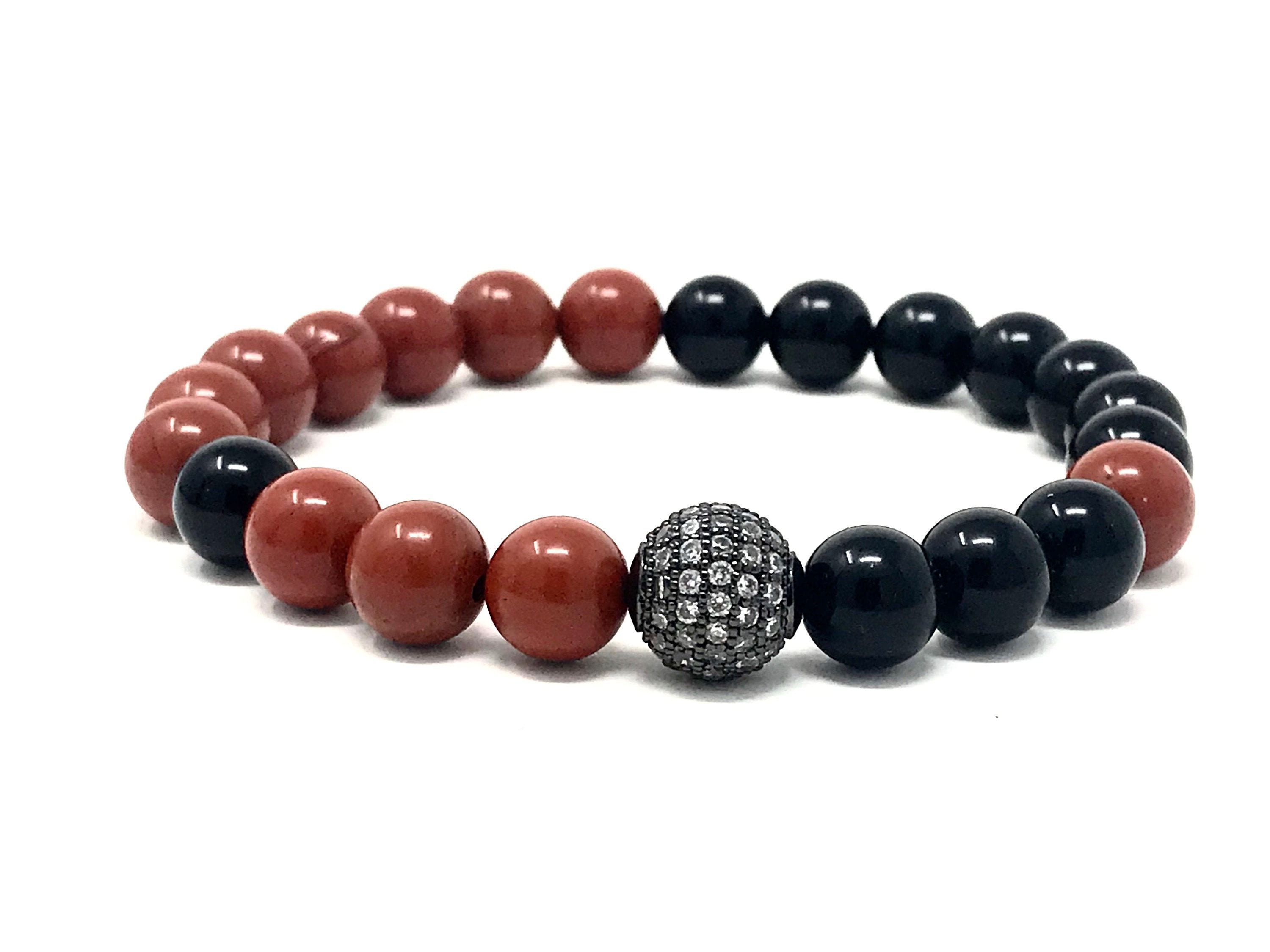 Men's Black Onyx & Red Jasper Gemstone Bracelet With CZ Bead - Etsy