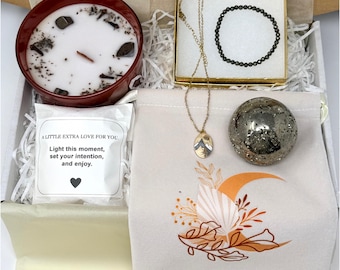Pyrietcadeauset voor haar, zelfzorgcadeaudoos, geldtekenkaars, kristalcadeau, overvloed cadeau, spiritueel cadeau