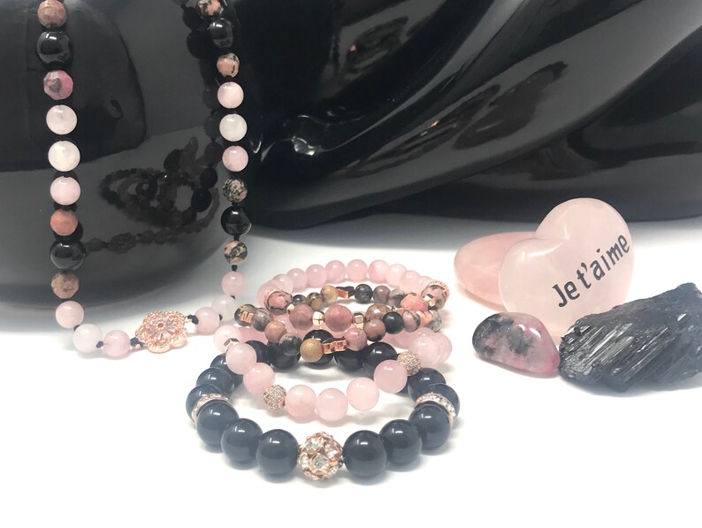 Rhodonite beaded bracelet Rose Quartz gemstone crystal bracelet set Natural lava stone jewelry