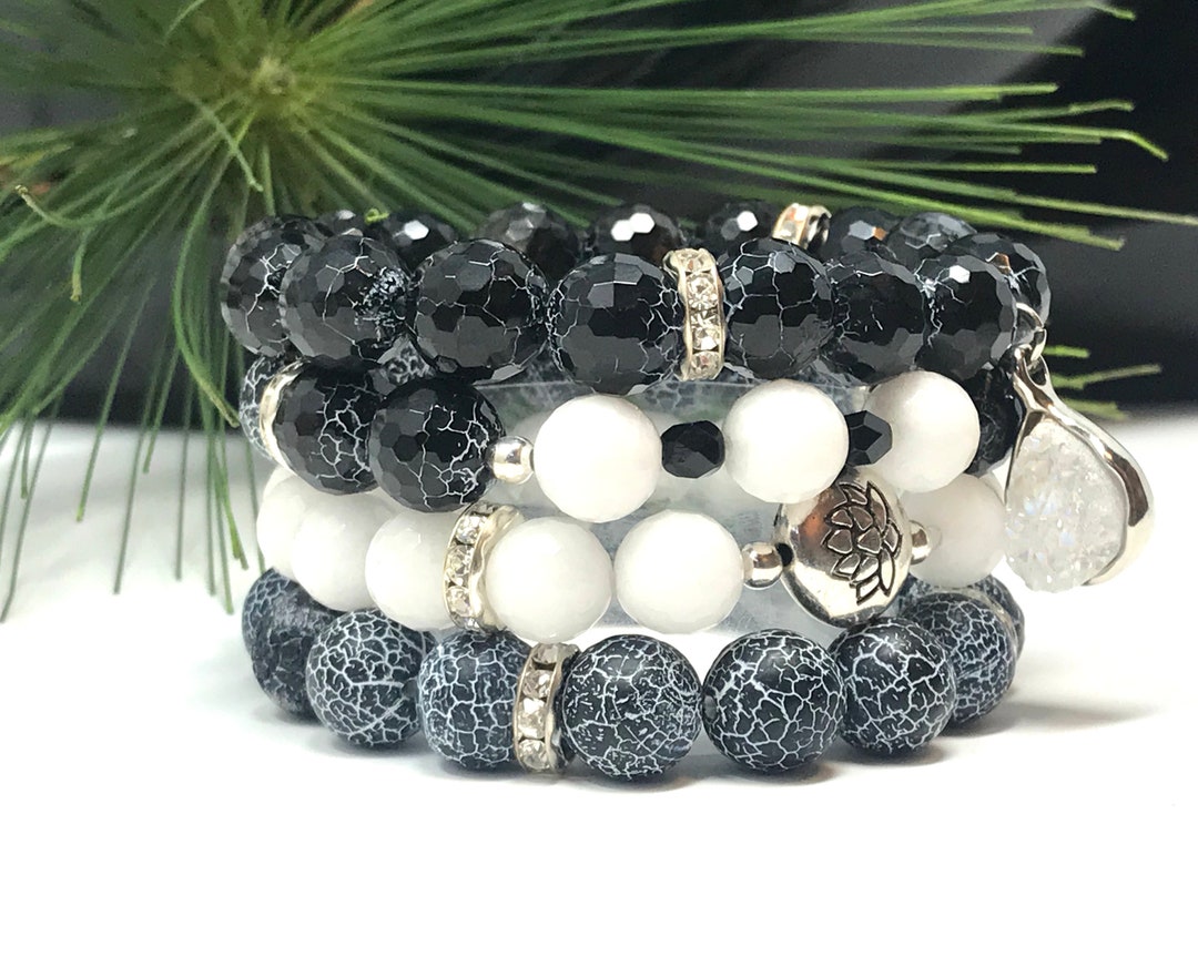 Black Agate & White Jade Bracelet Set: Beaded Gemstone Stack - Etsy