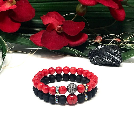 His and Hers Red Coral Enhanced Color, Quartzite & Matte Black