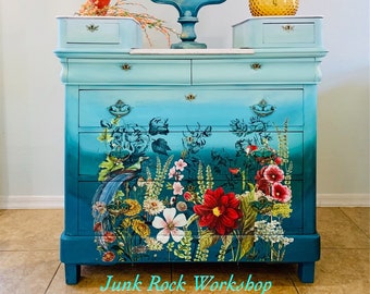 SOLD Antique Dresser with Mirror. Refinished Painted Chest of Drawers. Girls Feminine Bedroom Furniture. Blue Blended Floral Dresser.