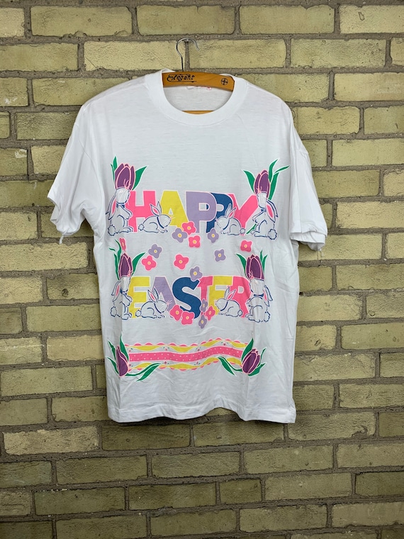 Vintage 80s Happy Easter Colourful Puff Print T-Sh