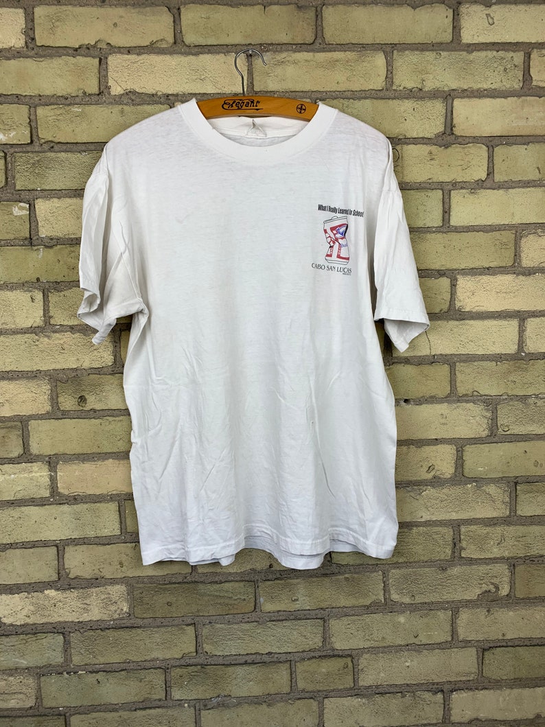 Vintage 80s What I Learned Beer Can Cabo San Lucas Mexico T-Shirt