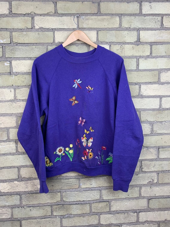 Vintage 90/'s Blue Floral Hummingbird Embroidered Short Sleeve Knit Top