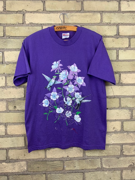 Vintage 90/'s Blue Floral Hummingbird Embroidered Short Sleeve Knit Top