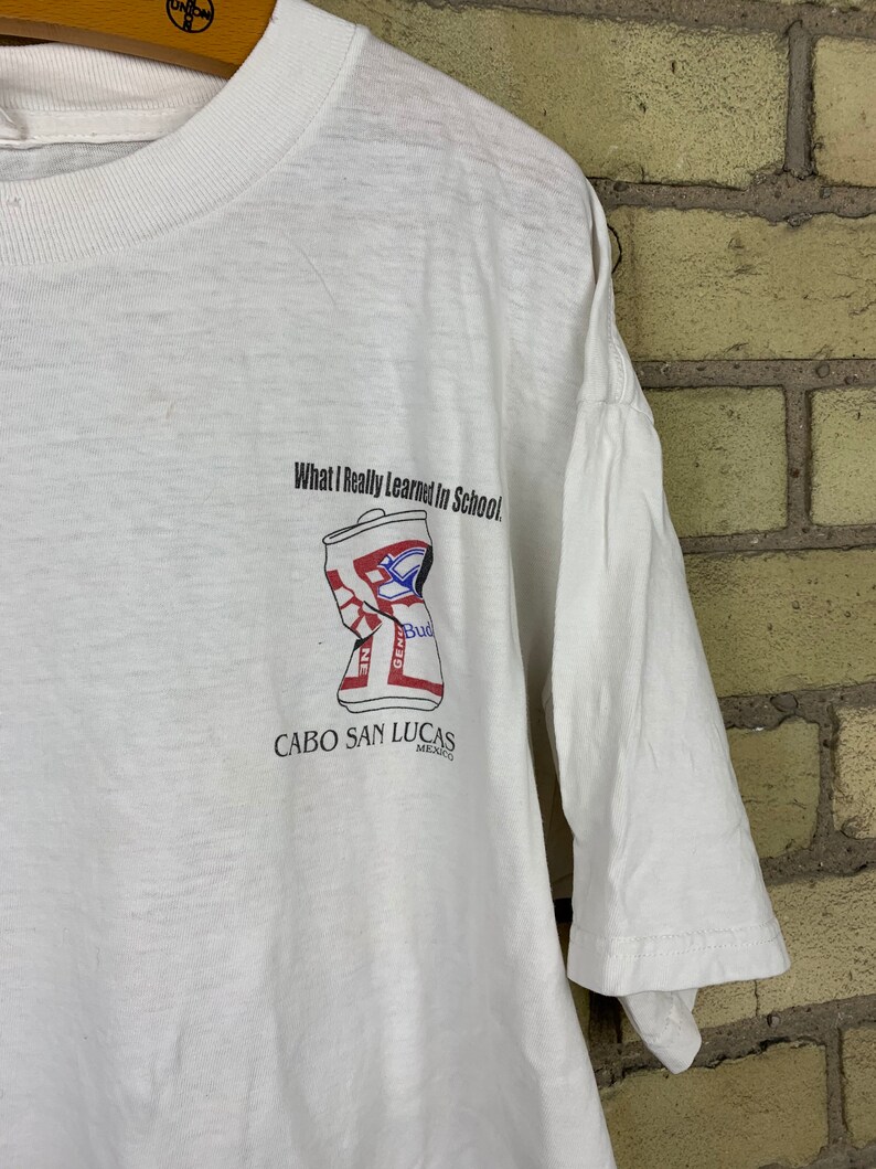 Vintage 80s What I Learned Beer Can Cabo San Lucas Mexico T-Shirt