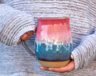 Blue pink pottery mug, handmade coffee mug, pottery gift,