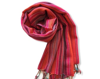 Small Striped Handwoven Bamboo Viscose Scarf - Fuchsia & Orange