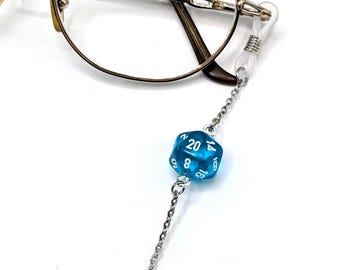 D20 Glasses Chain, Translucent Teal