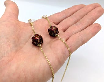 D20 Glasses Chain, Glitter Ruby/gold