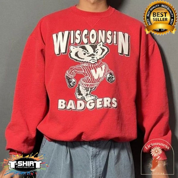 Camicia mascotte vintage NCAA Wisconsin Badgers, camicia dell'Università del Wisconsin, abbigliamento universitario, camicia NCAA, calcio - basket, camicia vintage