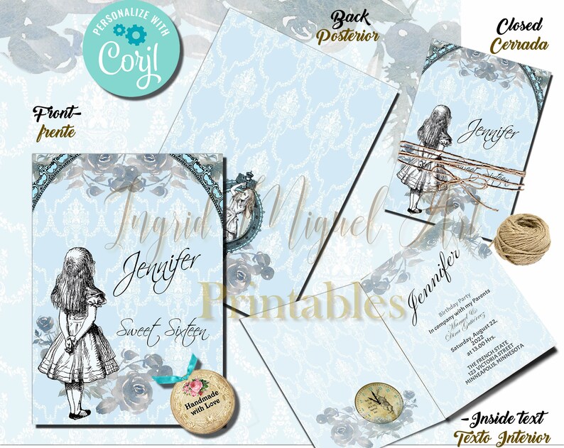 Birthday Invitation Alice in Wonderland Damask Blue BirthdaySweet Sixteen Party editPrint template Instant DownloadFO1106