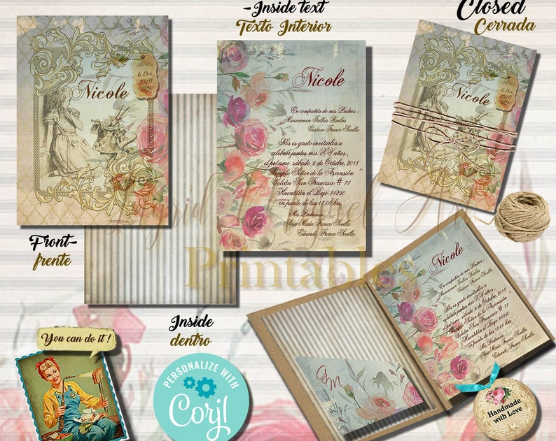 Birthday Invitation Alice in Wonderland Birthday Quinceaera Sweet Sixteen Party editPrint template Instant DownloadFO1102