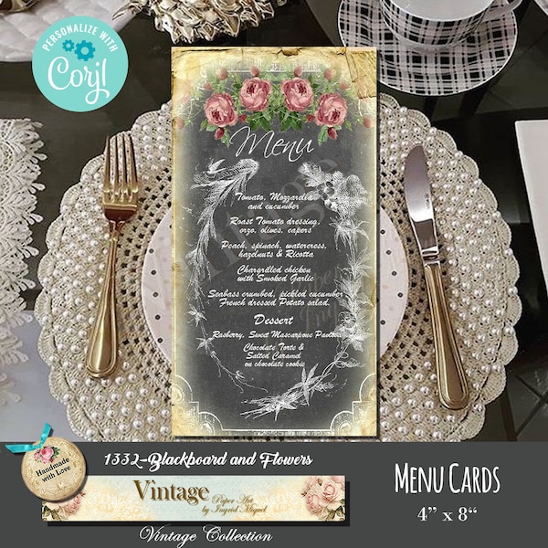 Wedding Menu cards, Menu cards Blackboard Flowers, editable and printable template, edid with CORJL DIY / F-1332